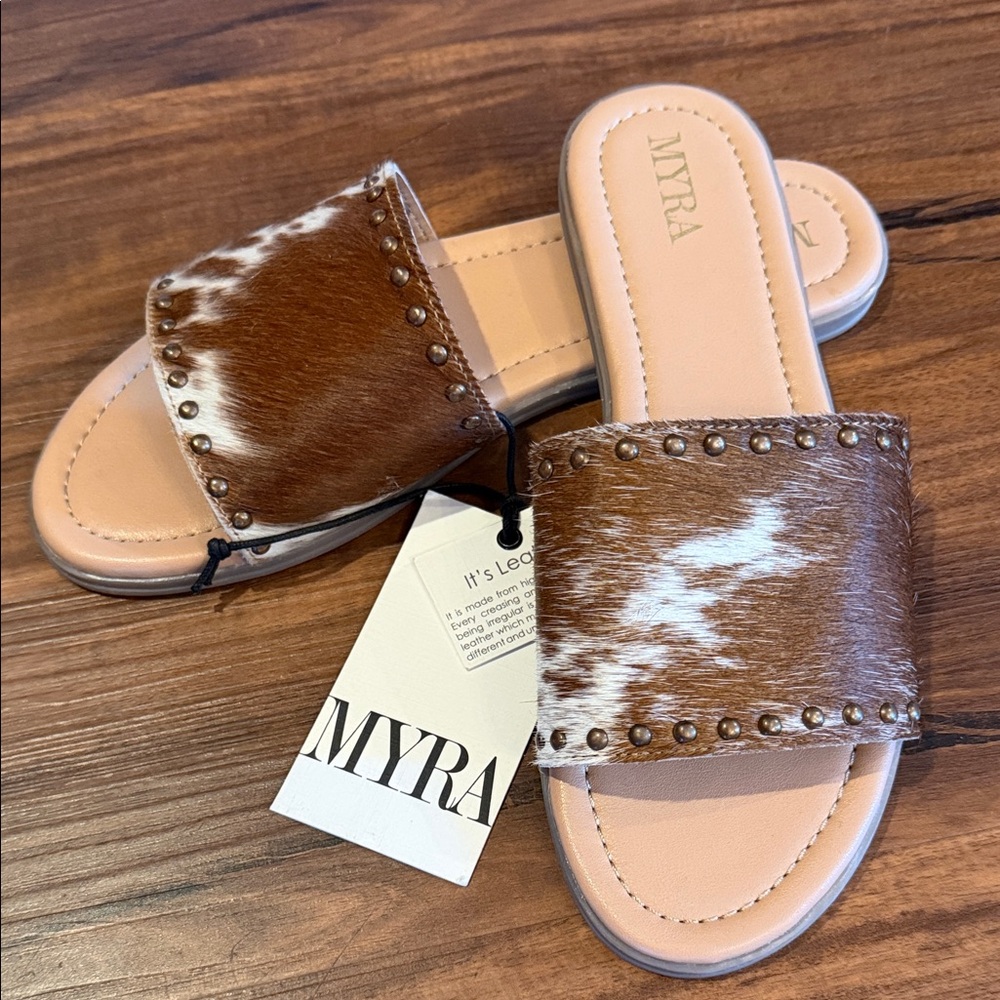 Myra Bag Brown & White Hair-on Leather Stud Slide Sandals